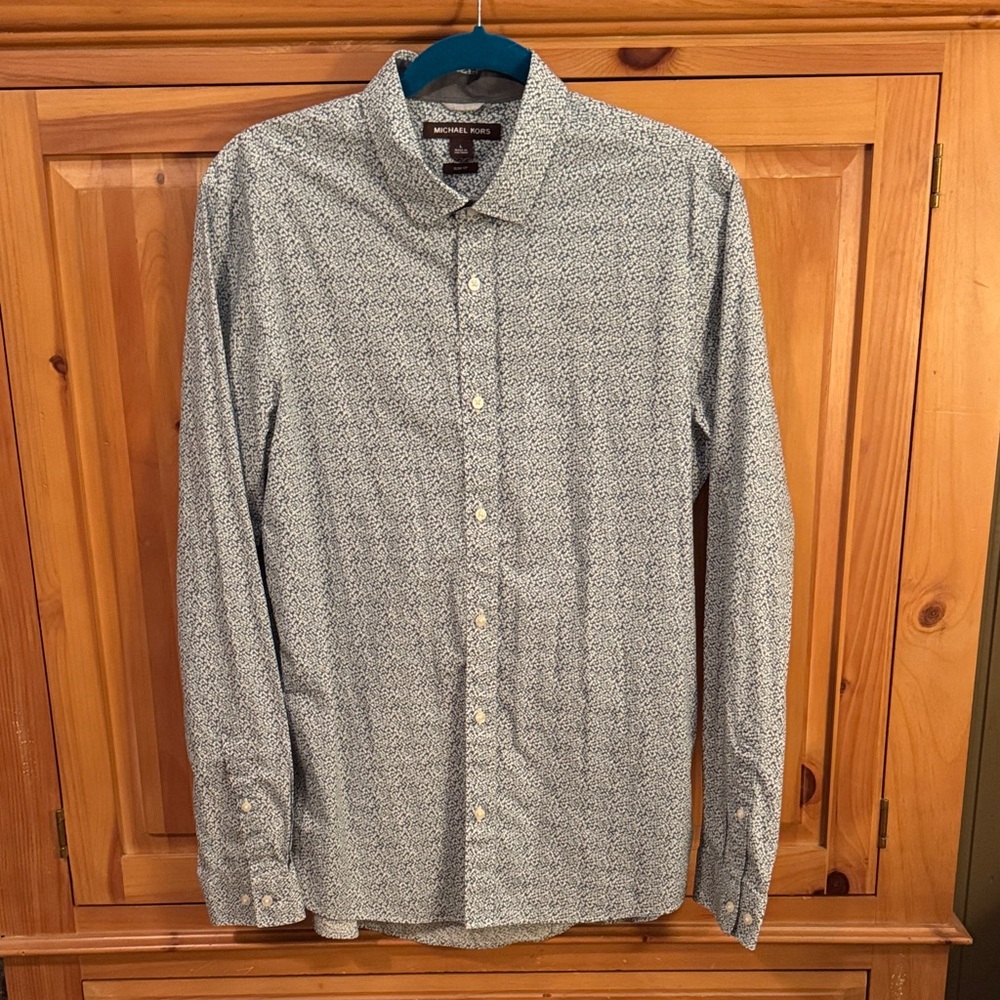 🐷 Michael Kors Slim Fit Blue and White Micro-Print Button-Down Shirt